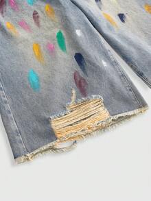 ROMWE Avant Y2K Music Festival Casual Street Graffiti Ink Wash Light Blue Versatile Plus Size DenimBermuda Shorts - Blue - View 3