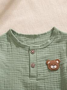 Souflis Souflis French Style New 2pcs Baby Boy Cute Casual Bear Print Short Sleeve Top And Pants Set - Green - View 6