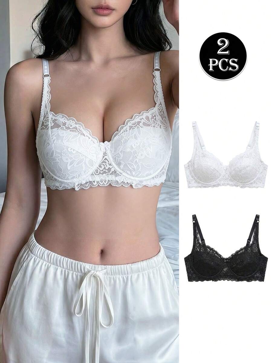 Napfluff 2 Packs Floral Lace Underwire Lingerie Bra Set - Black and White - View 1