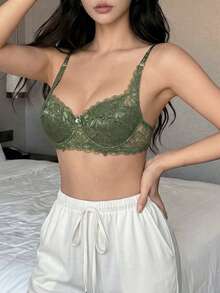 Napfluff 2pcs Women's Solid Color Lace Bra With Underwire - Green - View 4