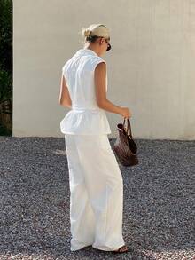 Livesso Women's Sleeveless V-Neck Belted Top And Loose Long Pants Denim Set - White - View 5