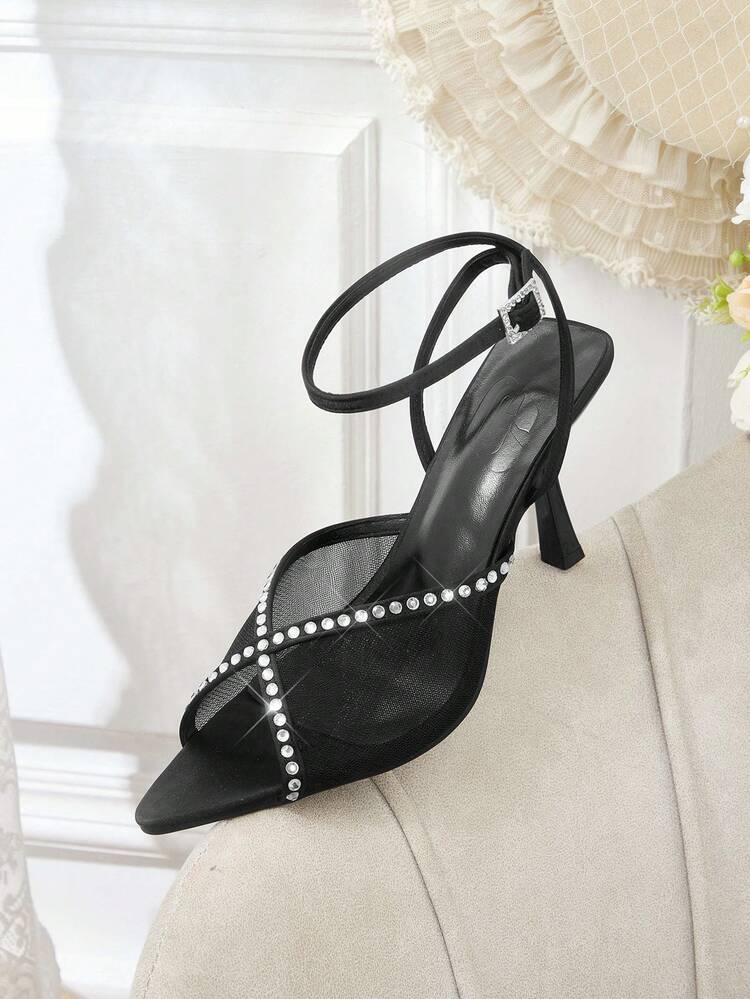 CUCCOO HITCHD Ladies' New Black Mesh See-Through Rhinestone Pointed Thin Heel Open-Toed High-Heeled Sandals, Suitable For Banquets, Parties And Weddings