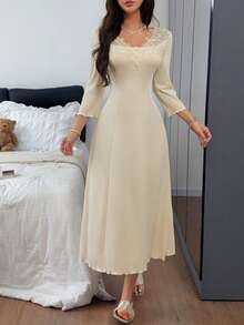 Napfluff Heavy Embroidery Collar Decoration V-Neck Lettuce Edge Dense Trim Small Opening Front Women's Mid-Length Short Sleeve Nightgown - Apricot - View 5