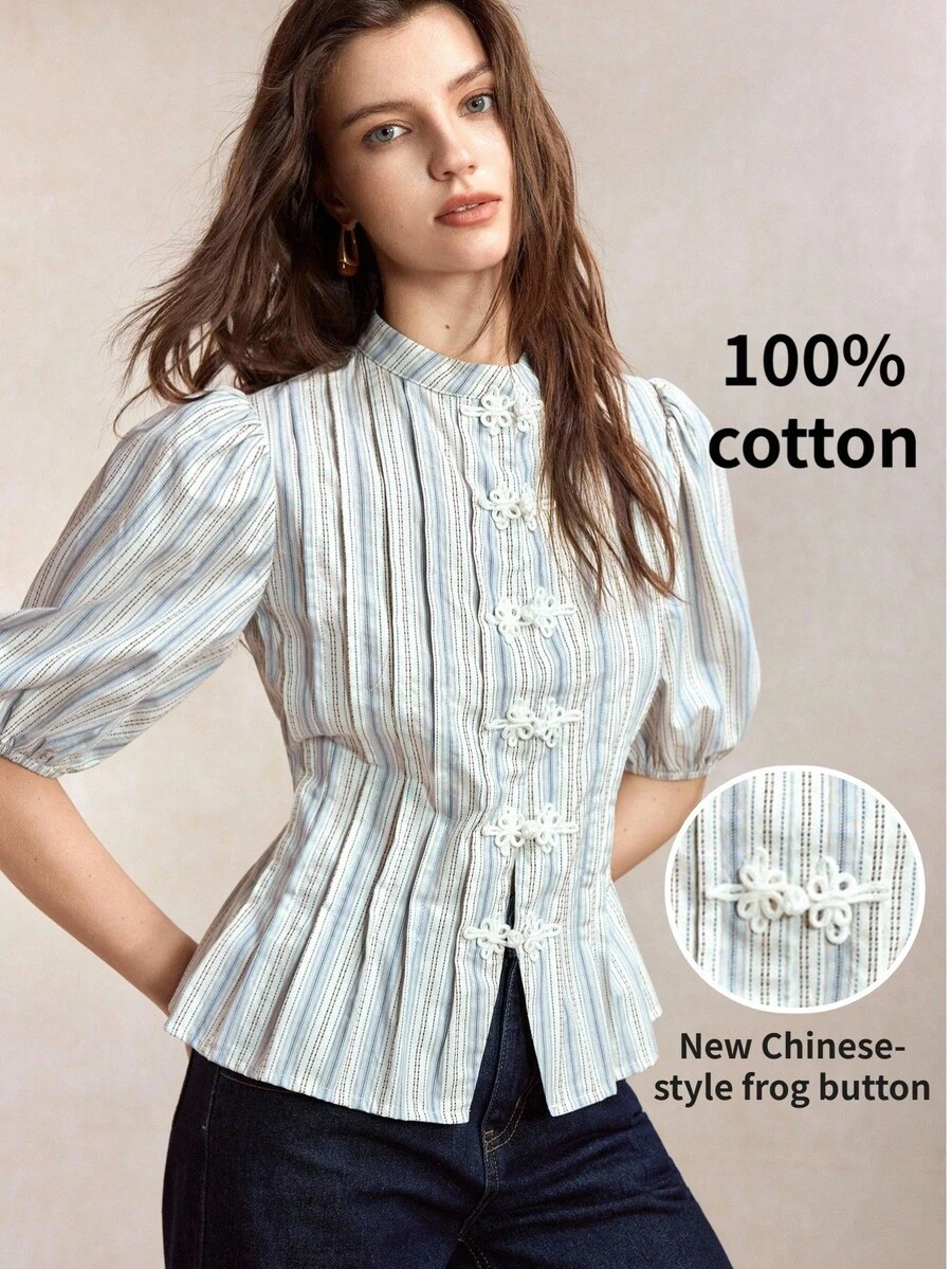 BizChic 條紋襯衫 新中式立領盤扣泡泡袖 優雅 1960年代復古 70年代法式 商務通勤 萬聖節派對 辦公室 夏季 - 彩色 - 查看 1