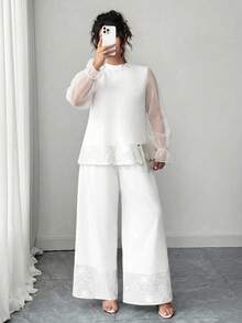 Elenzga Plus Size Simple Elegant Versatile Patchwork Women's Set - White - View 3