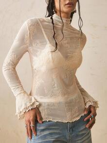 Freevana Women's Plus Size Long Sleeve Sheer T-Shirt, White Sequin Flocked Lace Knit Top, Slim Fit, Ruffle, Elegant Boho Western Casual Autumn Tea Party - Apricot - View 3