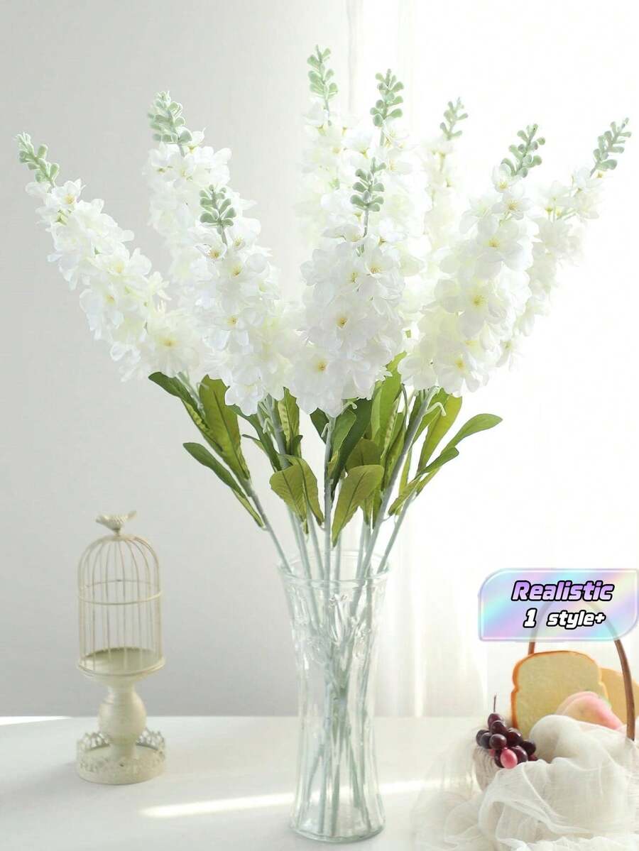 1Pc White Artificial Delphinium Flower Silk Like Realistic Faux Plant For Outdoor Tall Vase Home Garden Wedding Decor Valentine Birthday Graduation Gift Must Have - White - View 1