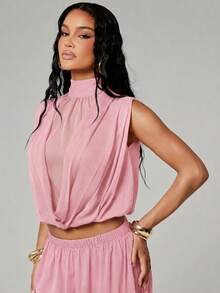 Hauture Women's Sexy Elegant Pleated Chiffon Mock Draped Neck Back Tie No Sleeve Top Day Party Garden Party Party Night Rave Pink Summer - Pink - View 3