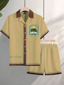 Genlund 2025 Men's Spring/Summer Map Print Pattern Fashion Short Sleeve Shirt Set Holiday - Light Yellow - View 5