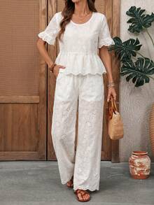 EMERY ROSE Women's Vacation Hollow Embroidery Ruffle Hem Shirt And Pants Casual 2 Pieces Set - White - View 4