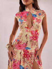 SHEIN BAE Women's Floral Print Hollow Out Design Side Slit Hem Sexy Cap Sleeve Dress - Yellow - View 6