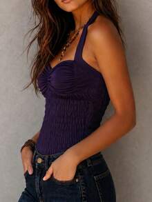 Solivie Women's Solid Color Pleated Halter Neck Fitted Versatile Daily Outing Top - Purple - View 5