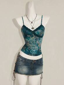 SHEIN ICON 女款貼身蕾絲拼接印花細肩帶背心 - 藍色 - 查看 4
