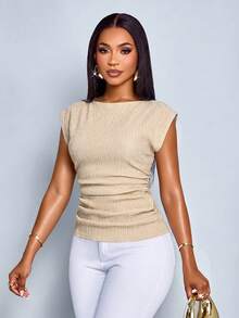 SOLERSUN Sexy And Elegant Women's Commuter Casual T-Shirt, Fitted Waist, Stylish Top, Spring/Summer Vintage Style, Khaki Textured Fabric. Brunch - Apricot - View 6