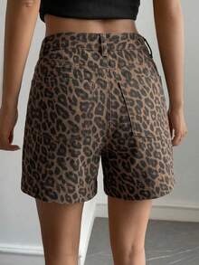 Livesso Women's High Waist Leopard Print Casual Cotton Denim Shorts For Summer Holiday And Festival Outfits - Brown - View 2