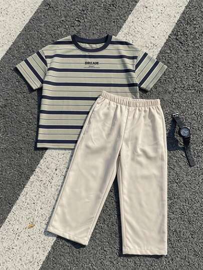 SHEIN Little Byeori 2-Piece Set Young Boys Summer Casual Sports T-Shirts&White Long Pants,Striped Round Neck Loose Japanese Korean Style Outfits Back To School Clothes