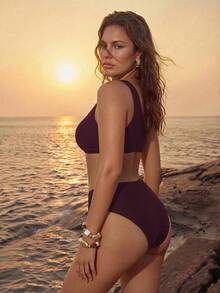 Swim Chiccia 2026 Spring/Summer New Plus Size Women's Metal Decor One Shoulder Bikini Set - Burgundy - View 2