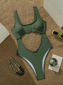 Swim SXY 女款一件式鏤空純色泳衣 夏季海灘適用 - 軍綠色 - 查看 5
