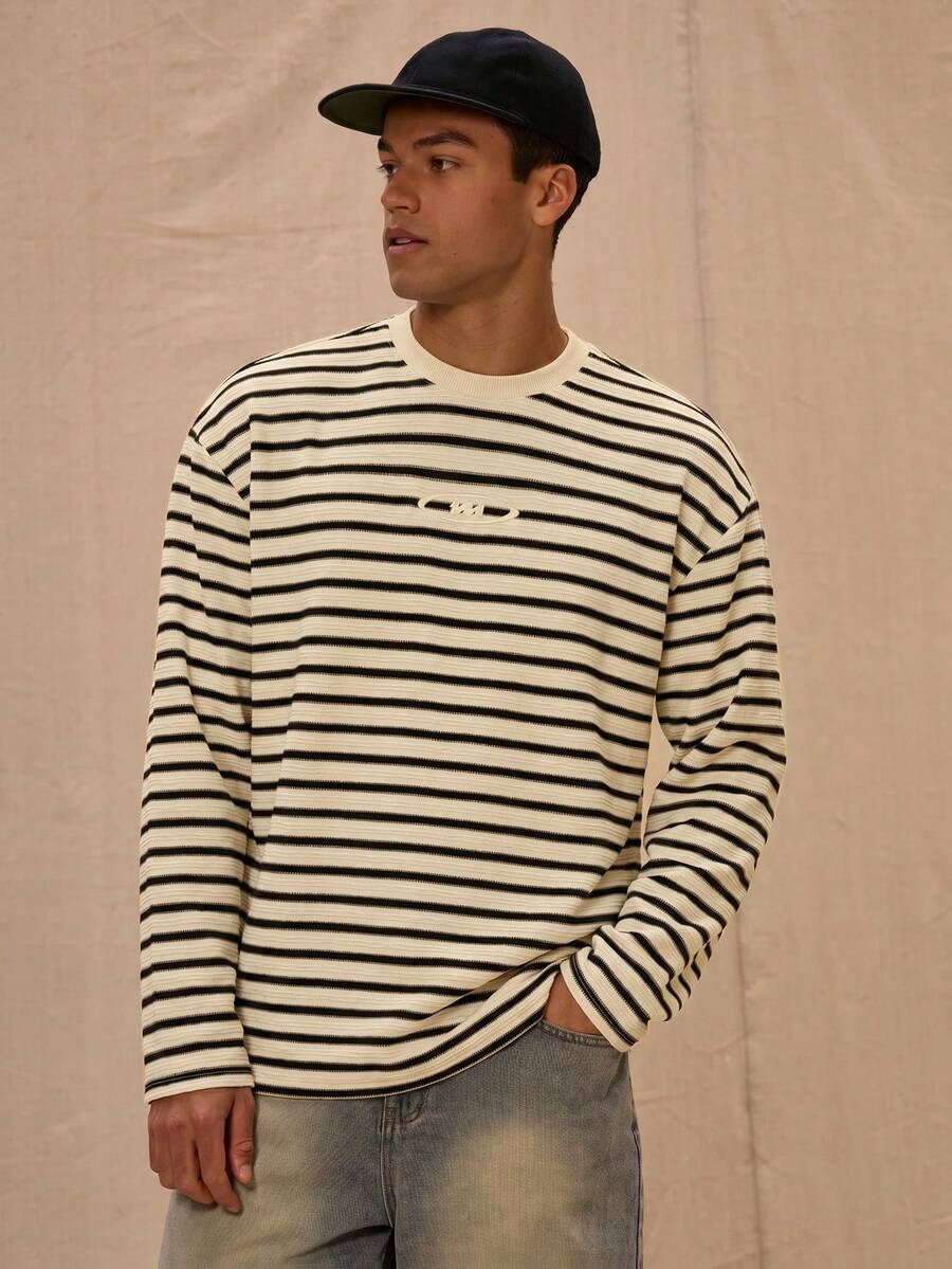 Musero Men Relaxed Fit Crew Neck Graphic Letter Print Striped Long Sleeved Top Spring&Summer - Apricot - View 1