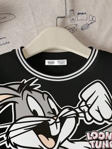 LOONEY TUNES X SHEIN Tween Boy Letter & Cartoon Rabbit Graphic Crew Neck Long Sleeve Drop Shoulder Oversize Sweatshirt Fall Winter - White - View 3