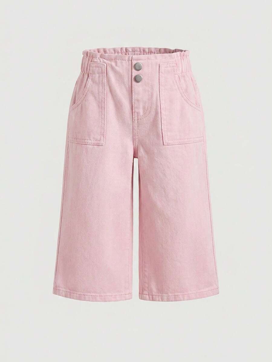 SHEIN 女嬰純色甜美鈕扣口袋寬鬆休閒牛仔長褲 - 粉色 - 查看 1