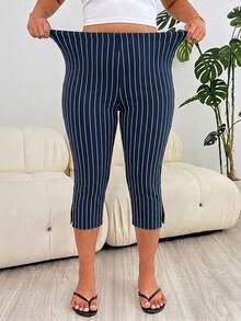 Solflare Blue Striped Plus Size Women's Split Hem 7/8 Length Leggings - Multicolor - View 5
