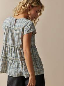 Freevana Women's Plaid Round Neck Cap Sleeve Frill Trim Casual Blouse Picnic Blue Plaid Plaid Summer Back-To-School Picnic Brunch - Multicolor - View 2