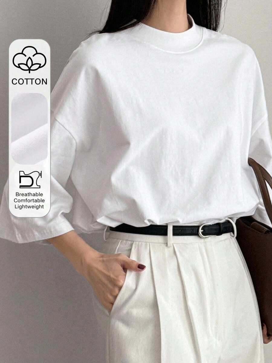 Dazy Plus 大码女式纯色圆领休闲百搭日常短袖T恤 夏季 - 白色 - 查看 1