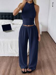 SHEIN EZwear 女款純色掛脖露背上衣與長褲時尚極簡休閒套裝 度假居家穿搭 海軍藍 夏季 - 藏蓝色 - 查看 4
