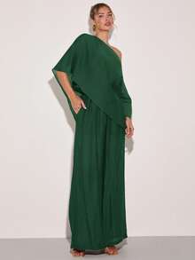 COSMINA Women's Solid Color Asymmetric Shoulder Batwing Sleeve Shirt And Wide Leg Pants Fashion 2 Pieces Set - Dark Green - View 4