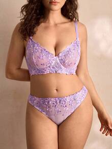 Charlaine 2pcs/Set Women Plus Size Pink Lingerie Set, Lift - Purple - View 5