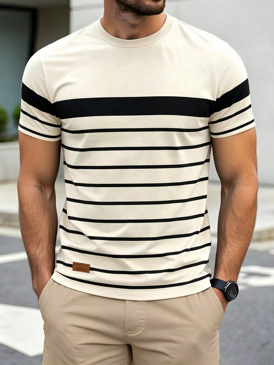 Azurnel Men's Summer Casual Colorblock Striped T-Shirt - Apricot - View 1