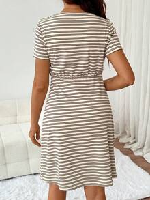 Slowluna Vestido de maternidad a rayas para lactancia, casual para uso diario y salidas - Albaricoque - Ver 9