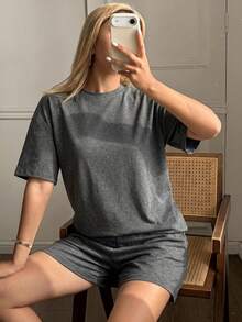 DAZY 2件套女士休闲纯棉短袖上衣和短裤睡衣套装，夏季 - 深灰色 - 查看 6