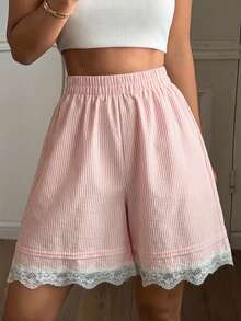 DAZY Women's Summer Pinstripe Pleated Lace Trim Short Pajama Pants - Pink - View 10