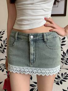 DAZY Spring Summer Vintage Lace Street Wear Y2k Washed Hollow Patchwork Casual Vacation Beach Dates Everyday Bodycon Denim Skirt For Women White - Light Wash - View 6