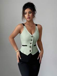 Selianne 女款拼色單排扣休閒百搭日常外出上衣 - 綠色 - 查看 4