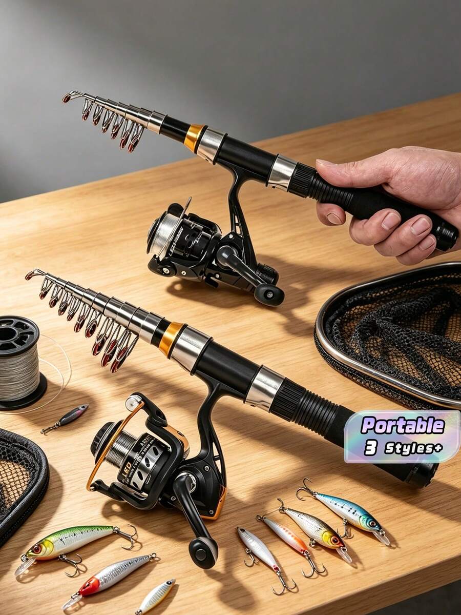 One Black Short Mini Fishing Rod, Compact Design - Ultra-Portable And Space-Saving Design With A Smooth Telescopic Mechanism, Telescopic Sea Fishing Rod, Outdoor Fishing Tackle, Suitable For Lakes, Rivers, Streams, Oceans, Bays And Winter Freshwater, Saltwater And Ice Fishing (Excluding Pufffish). - Multicolor - View 1