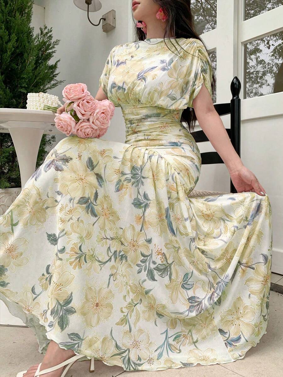 Modelyn 女款粉色網紗花卉印花夏季百褶優雅高雅時尚長洋裝,適合外出與晚宴派對 - 黃色 - 查看 1