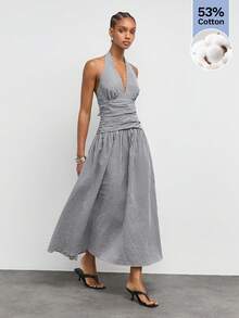 Maija Women's Plaid Waist Pleated Deep V-Neck Halter Long Dress,Going Out Outfits - Black and White - View 4