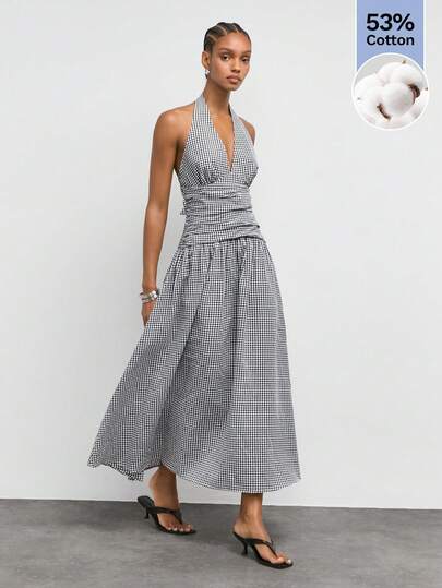 Maija Women's Plaid Waist Pleated Deep V-Neck Halter Long Dress