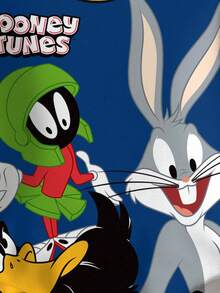 LOONEY TUNES X SHEIN 青少年男孩休闲拼色卡通图案圆领运动衫，秋季 - 白色 - 查看 5