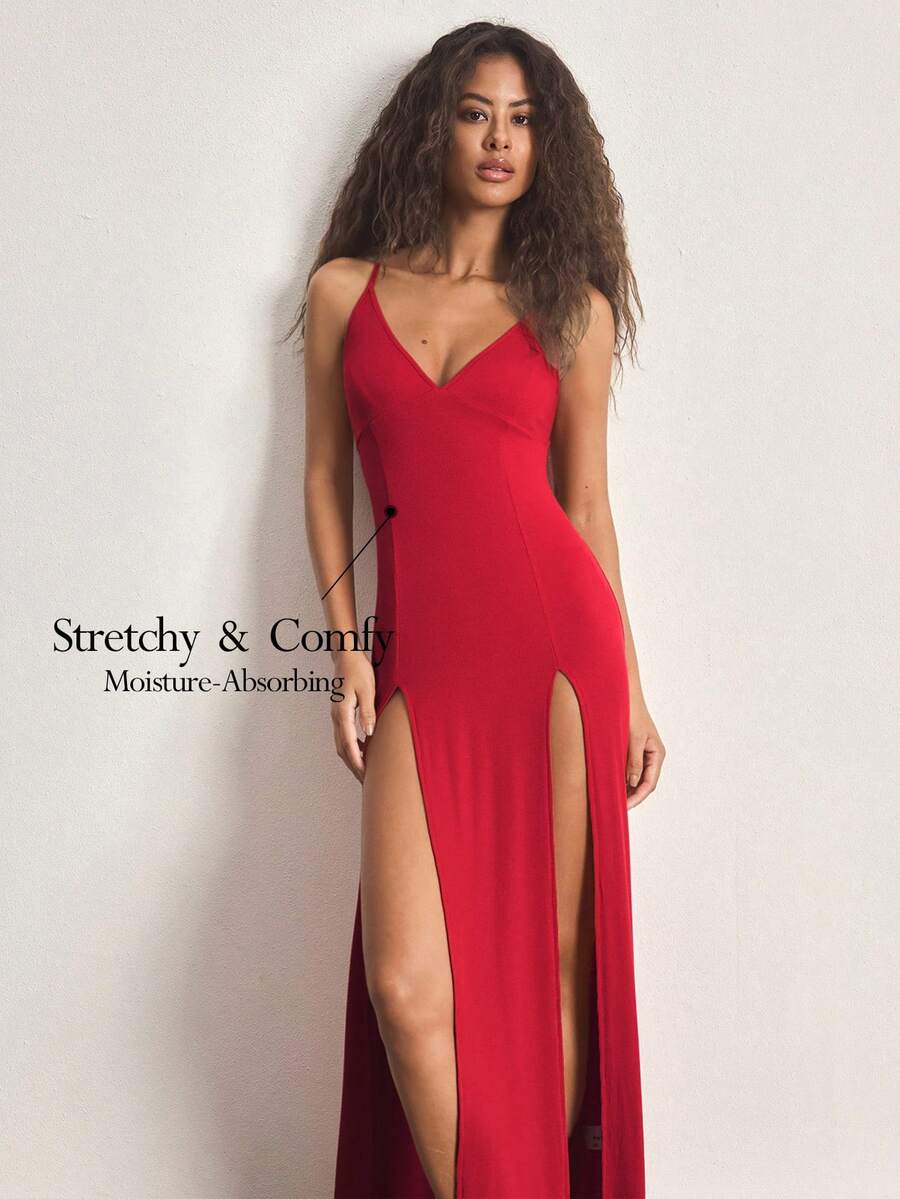 Ocili Spaghetti Strap Dress With Side Slit, Comfortable Rib Knit Loungewear Dress For Women - Red - View 1