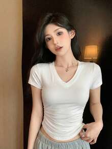 DAZY 女款V領休閒純色修身短袖T恤夏季 - 白色 - 查看 4