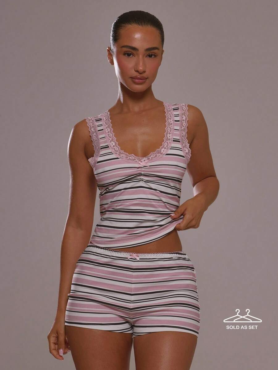 MUSERA ESSENTIALS Pink Multi Colour Stripe Lace Trim Ruched Bow Detail Bust Cami Vest Top With Fitted Bow Detail Mini Short Boyshort Boxer Coord Sold As 2 Piece Set - Black and Pink - View 1
