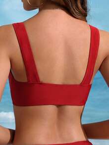 Swim Lushoire Women's Summer Beach Solid Color Ruched Fashion Bikini Top - Red - View 2