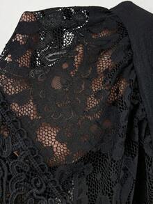 Breezaya Plus Size Faux Linen Textured Fabric Scoop Neck Off-Shoulder Strap Short Sleeve Lace Decor Chest Loose A-Line Hem Shirt Casual Elegant Formal Vacation - Black - View 7