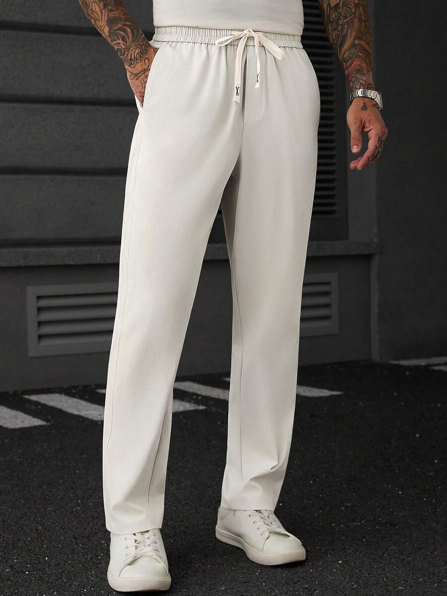 SLATEMANN Men's Drawstring Waist Pocket Loose Business Casual Pants - Beige - View 1