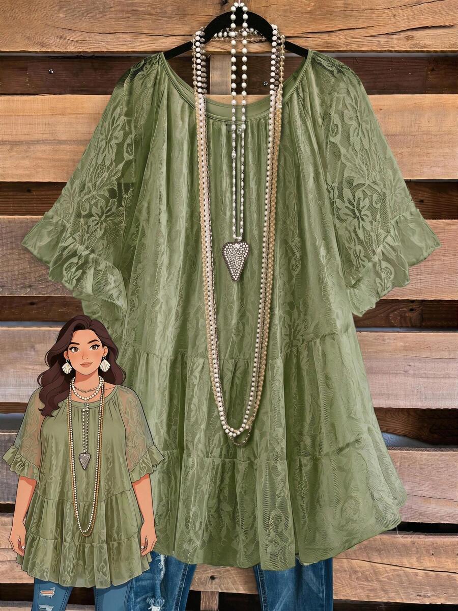 Rusticease Plus Size Women's Green Lace Large Scoop Neck Ruffle Sleeve Fashion Top - Green - View 1
