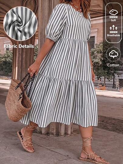 Linhara CURVE Grey And White Vertical Striped Cotton Fabric Cake Dress, Simple Round Neck Design, Fits Neckline Without Choking; Lantern 5/8 Bubble Mid-Sleeves, Loose Sleeve Body, Slightly Tapered Cuffs, Easily Covers Arm Fat, Casual And Relaxed, Highly Inclusive For Thick Arms. Layered Cake A-Line Full Flare Plus Size Dress